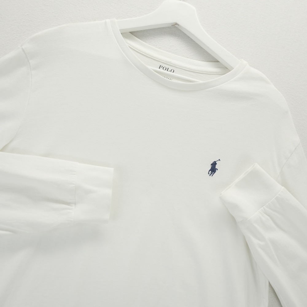 Polo Ralph Lauren Mens Long Sleeve T-Shirt White Cotton Navy Pony Logo M 175/96A